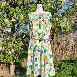 DRESS BARN, Summer Spring, Floral Hibiscus Tropical Sleeveless Dress W Belt Sz16